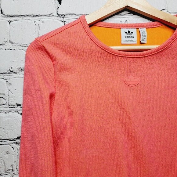 Adidas 2 Colored Rib Long Sleeve Top In Semi Turbo Bright Orange Size S - Picture 3 of 13